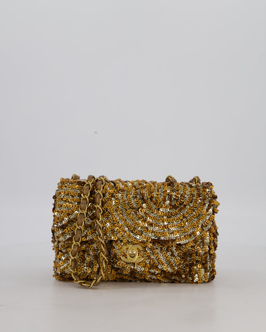Chanel Classic Single Flap Bag in Metallic Gold and Silver Sequin with Gold Hardware