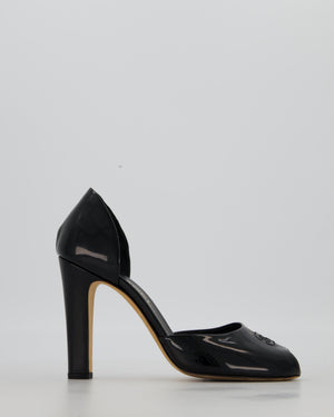 Chanel D'Orsay Black Patent Leather Peep Toe Platform Pumps with Stitched CC Logo Details Size EU 39