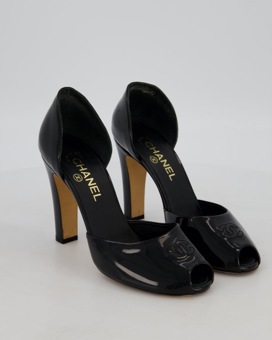 Chanel D'Orsay Black Patent Leather Peep Toe Platform Pumps with Stitched CC Logo Details Size EU 39