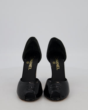Chanel D'Orsay Black Patent Leather Peep Toe Platform Pumps with Stitched CC Logo Details Size EU 39