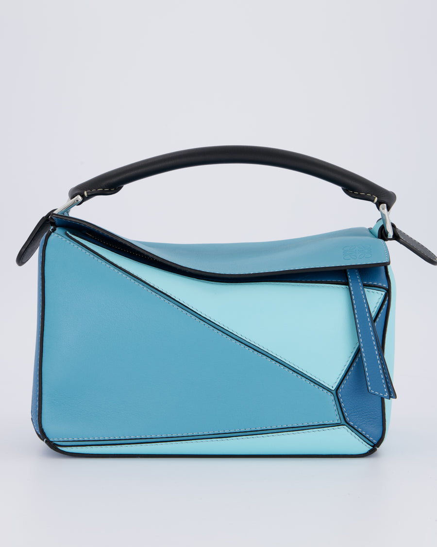 Loewe Blue Small Puzzle Edge Bag in Calfskin Leather with Silver Hardware