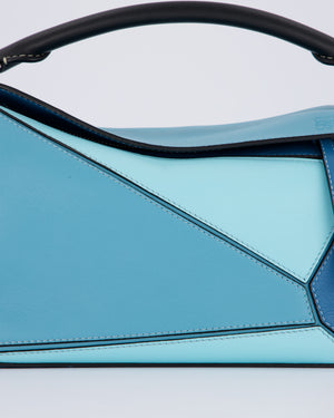 Loewe Blue Small Puzzle Edge Bag in Calfskin Leather with Silver Hardware
