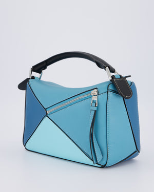 Loewe Blue Small Puzzle Edge Bag in Calfskin Leather with Silver Hardware