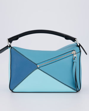 Loewe Blue Small Puzzle Edge Bag in Calfskin Leather with Silver Hardware
