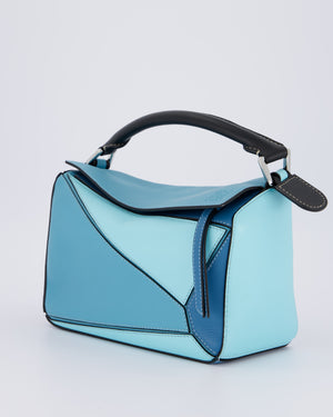 Loewe Blue Small Puzzle Edge Bag in Calfskin Leather with Silver Hardware