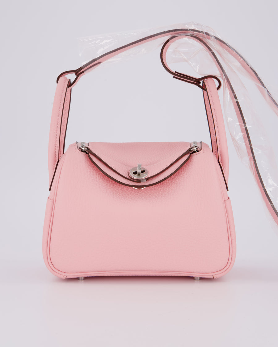 *SUPER HOT* Hermès Mini Lindy II Bag in Rose Sakura Taurillon Clemence Leather with Palladium Hardware