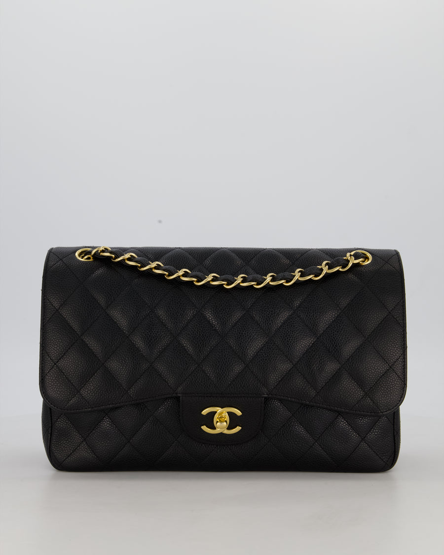 Chanel Black Jumbo Classic Double Flap Bag in Caviar Leather with Gold Hardware
