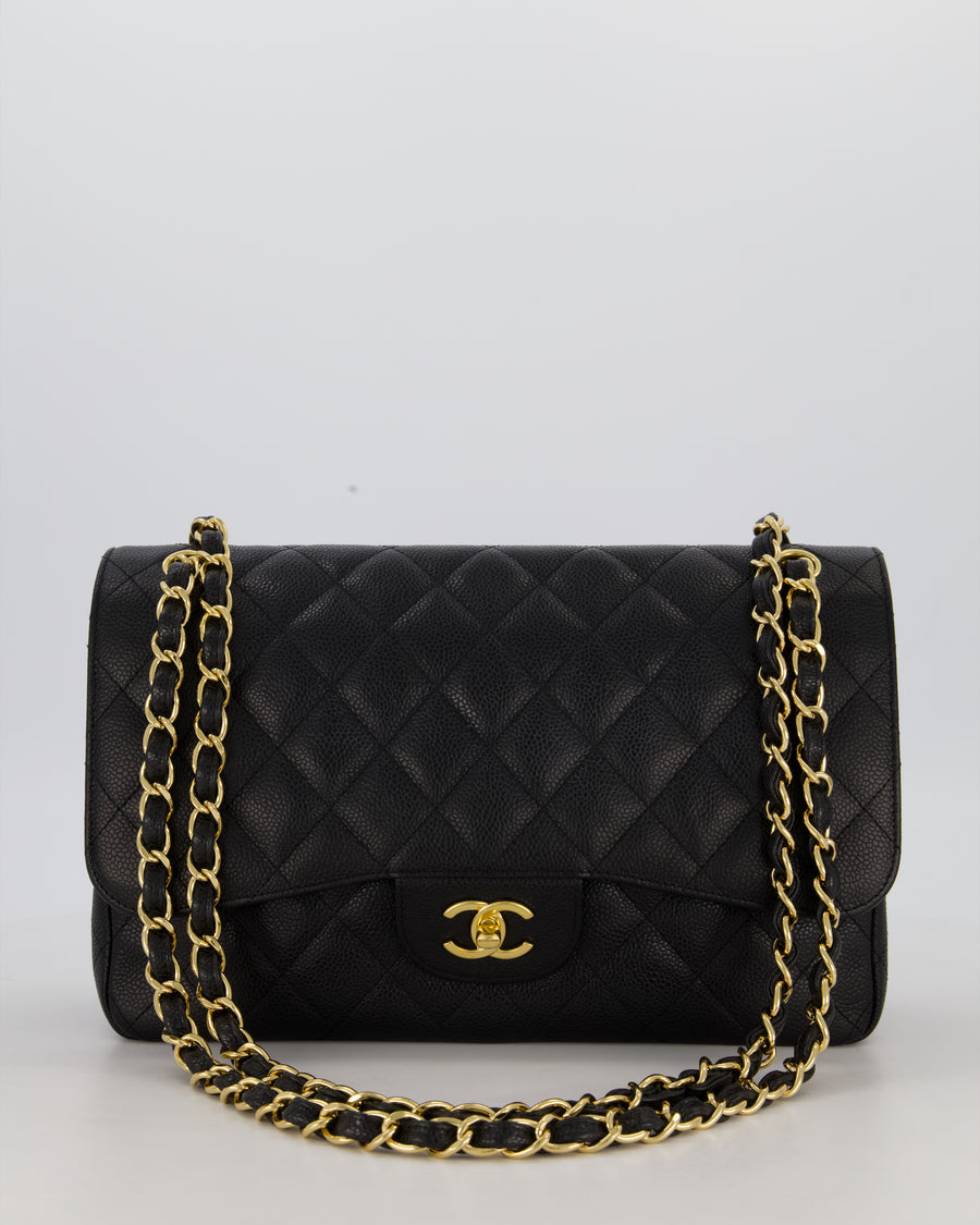 Chanel Black Jumbo Classic Double Flap Bag in Caviar Leather with Gold Hardware
