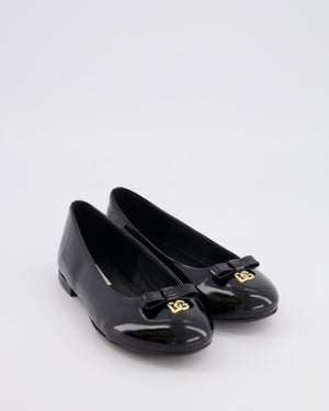 Dolce & Gabbana Kids Black Patent Leather Ballet Flat Shoes with Gold Logo and Bow Size 34 RRP £315