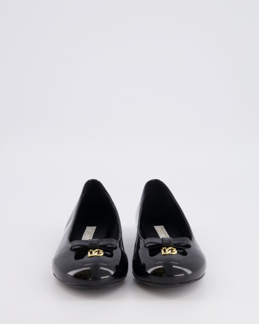 Dolce & Gabbana Kids Black Patent Leather Ballet Flat Shoes with Gold Logo and Bow Size 34 RRP £315