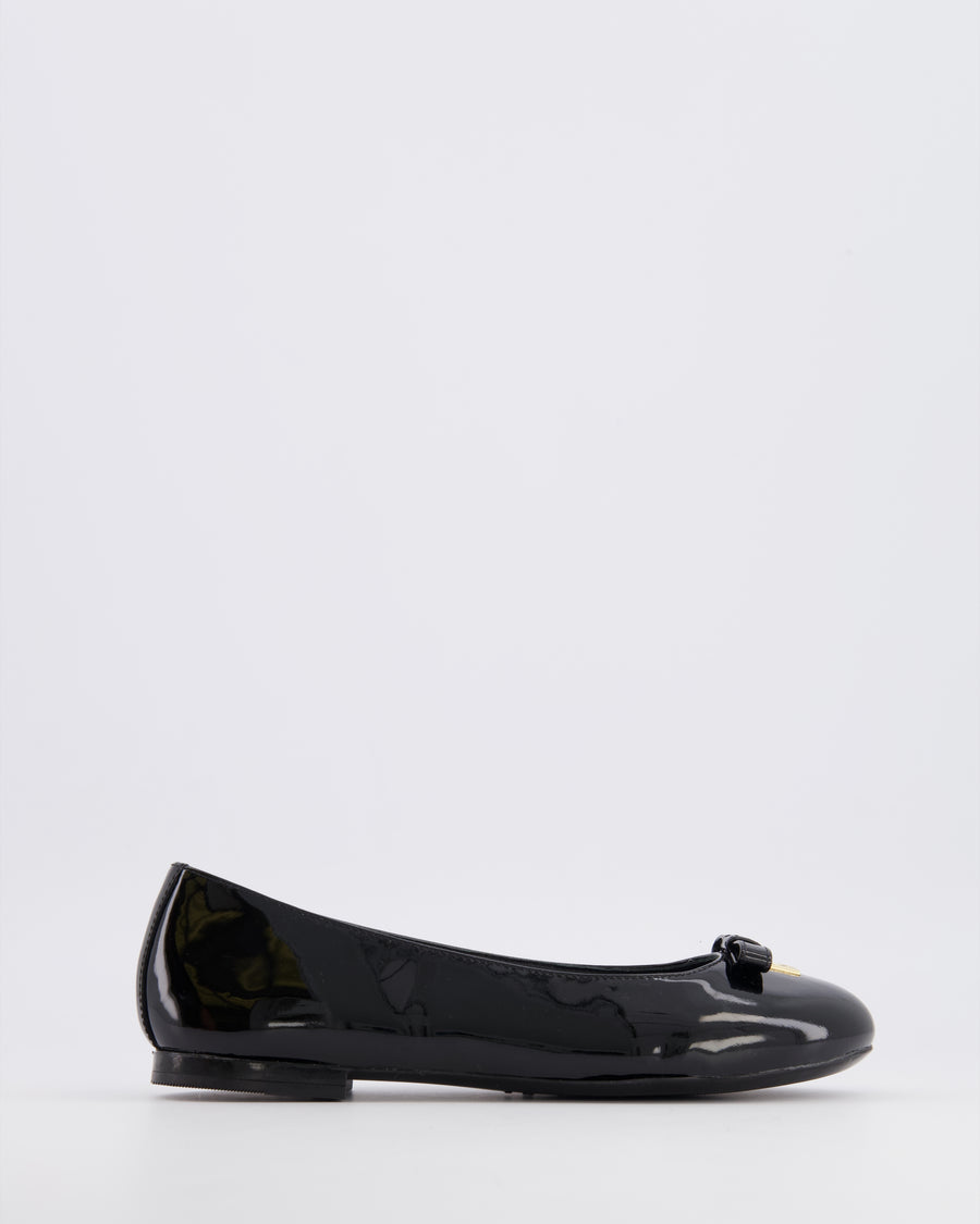 Dolce & Gabbana Kids Black Patent Leather Ballet Flat Shoes with Gold Logo and Bow Size 34 RRP £315