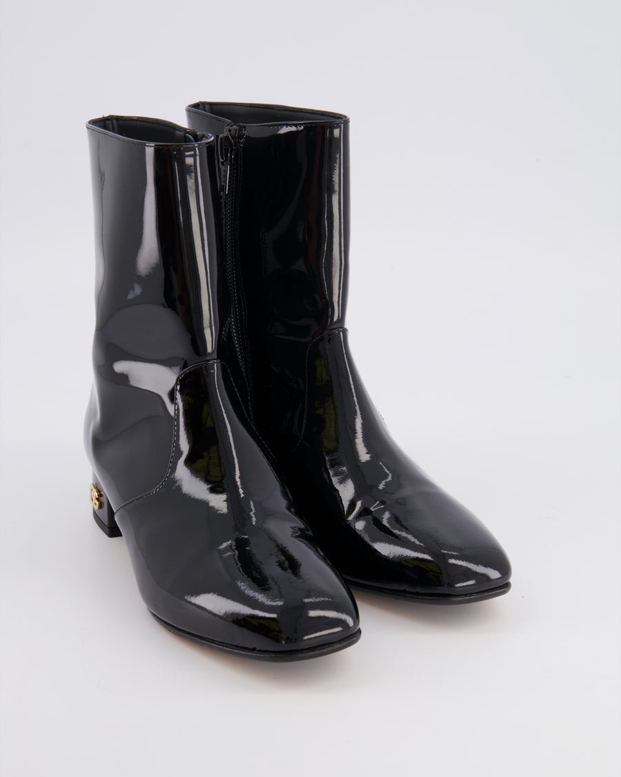 Dolce & Gabbana Kids Black Patent Leather Boots with Gold Logo Detail Size 34 RRP £450