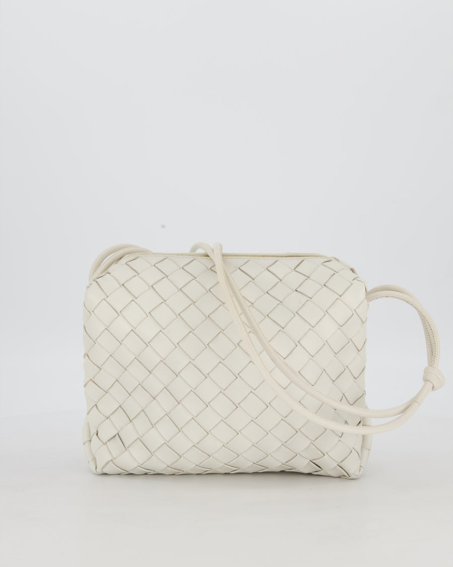 Bottega Veneta White Medium Loop Intrecciato Camera Bag in Lambskin Leather with Gold Hardware