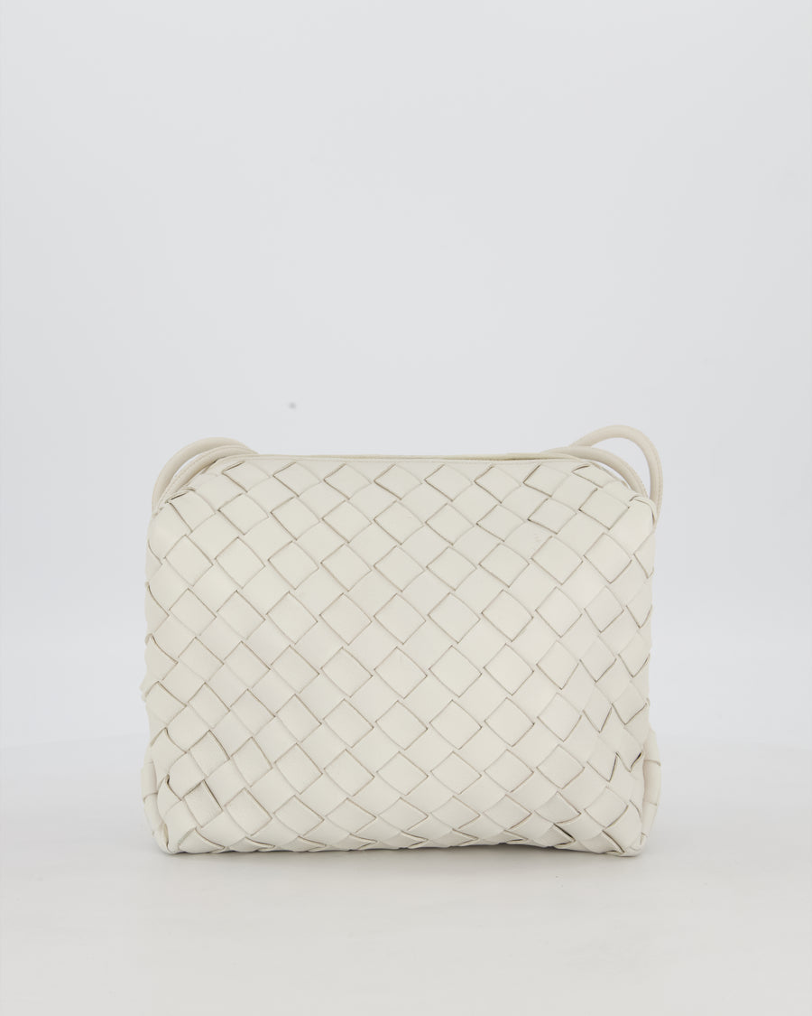 Bottega Veneta White Medium Loop Intrecciato Camera Bag in Lambskin Leather with Gold Hardware