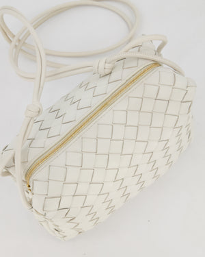 Bottega Veneta White Medium Loop Intrecciato Camera Bag in Lambskin Leather with Gold Hardware