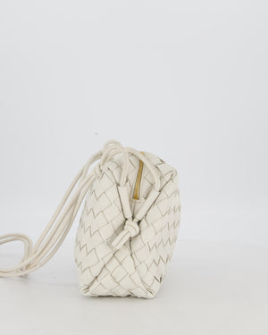 Bottega Veneta White Medium Loop Intrecciato Camera Bag in Lambskin Leather with Gold Hardware