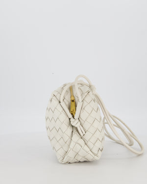 Bottega Veneta White Medium Loop Intrecciato Camera Bag in Lambskin Leather with Gold Hardware
