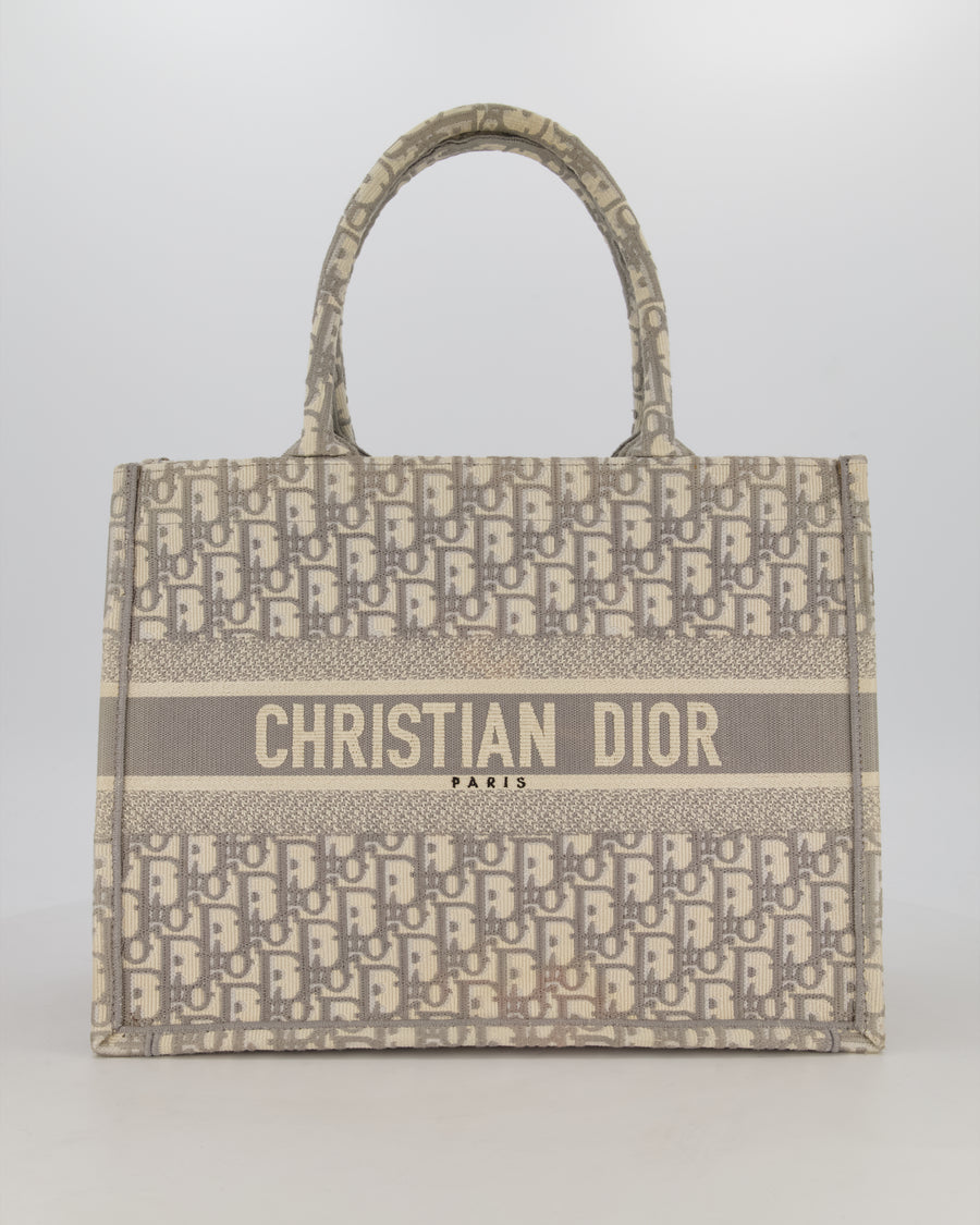 Christian Dior Grey and Ecru Medium Book Tote in Oblique Embroidery