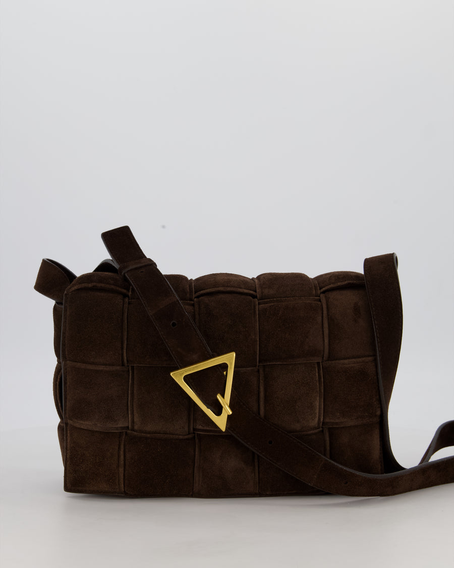 Bottega Veneta Chocolate Brown Cassette Padded Intrecciato Suede Shoulder Bag with Gold Hardware