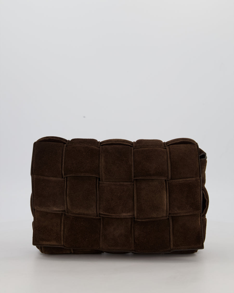 Bottega Veneta Chocolate Brown Cassette Padded Intrecciato Suede Shoulder Bag with Gold Hardware