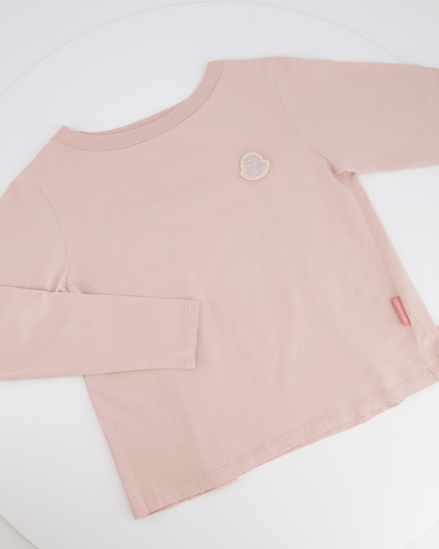 Moncler Kids Pink Long-Sleeve T-Shirt with Crystal Logo Patch Detail Size 8 years RRP £150