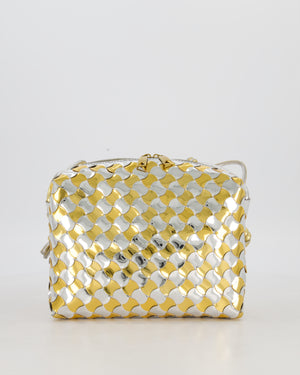 Bottega Veneta Silver & Gold Metallic Medium Loop Intrecciato Camera Bag in Patent Leather with Gold Hardware