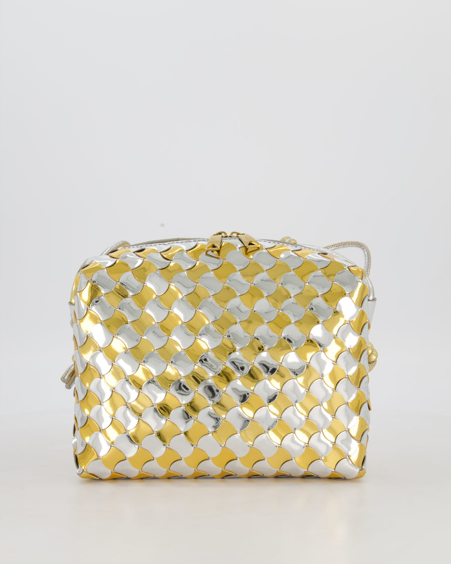 Bottega Veneta Silver & Gold Metallic Medium Loop Intrecciato Camera Bag in Patent Leather with Gold Hardware