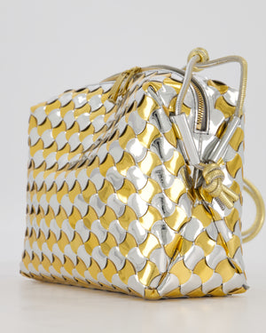 Bottega Veneta Silver & Gold Metallic Medium Loop Intrecciato Camera Bag in Patent Leather with Gold Hardware