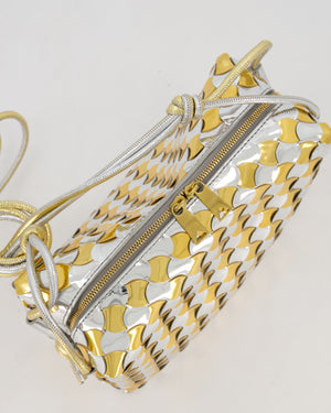 Bottega Veneta Silver & Gold Metallic Medium Loop Intrecciato Camera Bag in Patent Leather with Gold Hardware