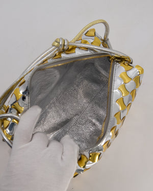 Bottega Veneta Silver & Gold Metallic Medium Loop Intrecciato Camera Bag in Patent Leather with Gold Hardware