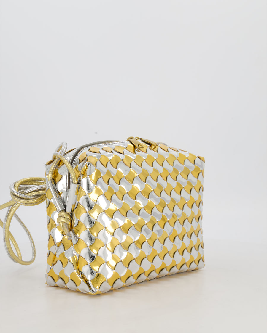 Bottega Veneta Silver & Gold Metallic Medium Loop Intrecciato Camera Bag in Patent Leather with Gold Hardware