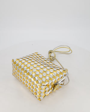 Bottega Veneta Silver & Gold Metallic Medium Loop Intrecciato Camera Bag in Patent Leather with Gold Hardware