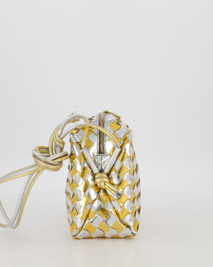 Bottega Veneta Silver & Gold Metallic Medium Loop Intrecciato Camera Bag in Patent Leather with Gold Hardware