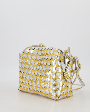 Bottega Veneta Silver & Gold Metallic Medium Loop Intrecciato Camera Bag in Patent Leather with Gold Hardware