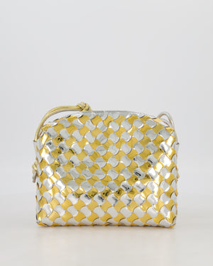Bottega Veneta Silver & Gold Metallic Medium Loop Intrecciato Camera Bag in Patent Leather with Gold Hardware
