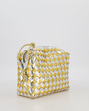 Bottega Veneta Silver & Gold Metallic Medium Loop Intrecciato Camera Bag in Patent Leather with Gold Hardware