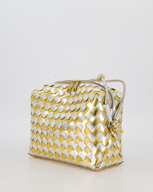 Bottega Veneta Silver & Gold Metallic Medium Loop Intrecciato Camera Bag in Patent Leather with Gold Hardware