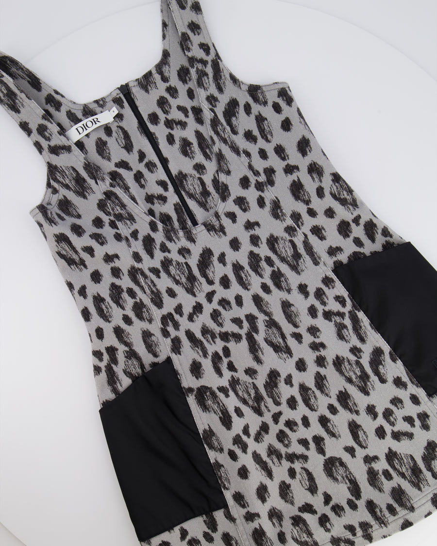 Christian Dior Kids FW23 Grey and Black Leopard Sleeveless Dress with Pocket Logo Detail Size 8 years RRP £800