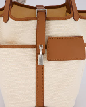 *HOT* Hermès Picotin 18 Lock Cargo Bag in Ecru Canvas & Gold Swift Leather with Palladium Hardware