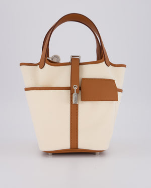 *HOT* Hermès Picotin 18 Lock Cargo Bag in Ecru Canvas & Gold Swift Leather with Palladium Hardware