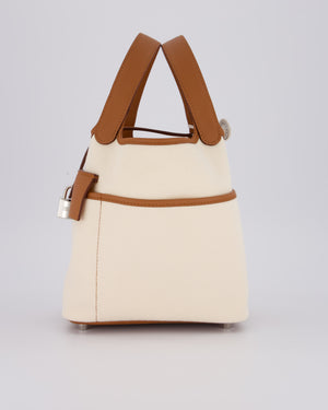 *HOT* Hermès Picotin 18 Lock Cargo Bag in Ecru Canvas & Gold Swift Leather with Palladium Hardware