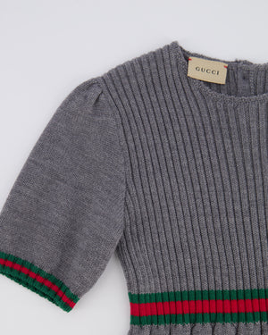 Gucci Kids Grey Knit Short-Sleeve Dress with Green and Red Band Details Size 8 years RRP £500