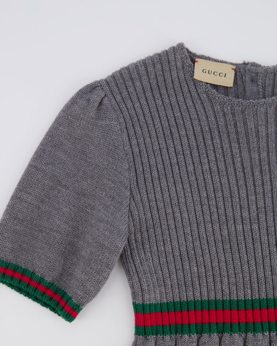 Gucci Kids Grey Knit Short-Sleeve Dress with Green and Red Band Details Size 8 years RRP £500