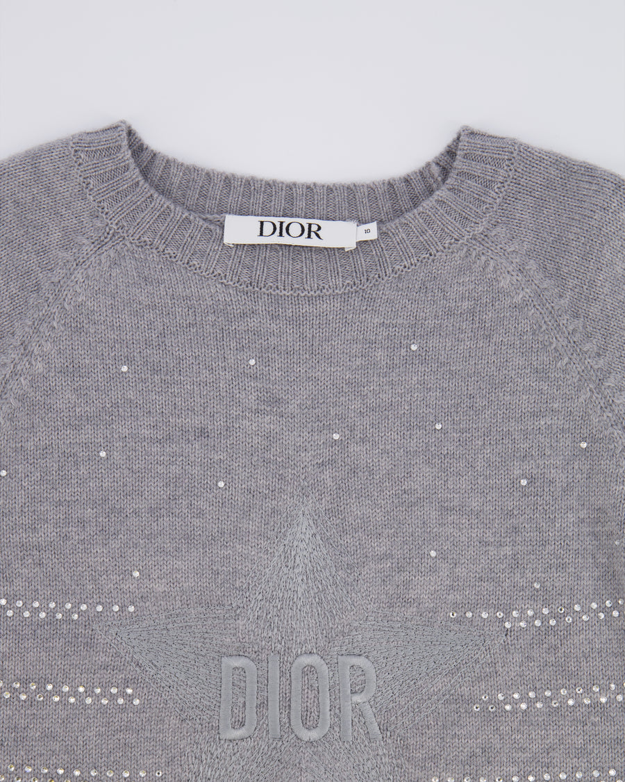 Christian Dior Kids Grey Knit Long-Sleeve Dress with Crystal Embellishments and Embroidered Logo Size 10 years RRP £800