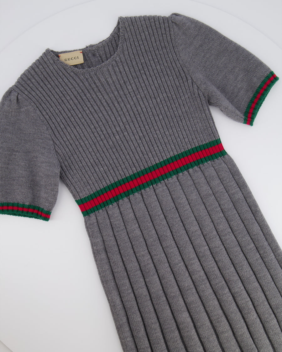 Gucci Kids Grey Knit Short-Sleeve Dress with Green and Red Band Details Size 8 years RRP £500