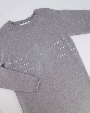 Christian Dior Kids Grey Knit Long-Sleeve Dress with Crystal Embellishments and Embroidered Logo Size 10 years RRP £800