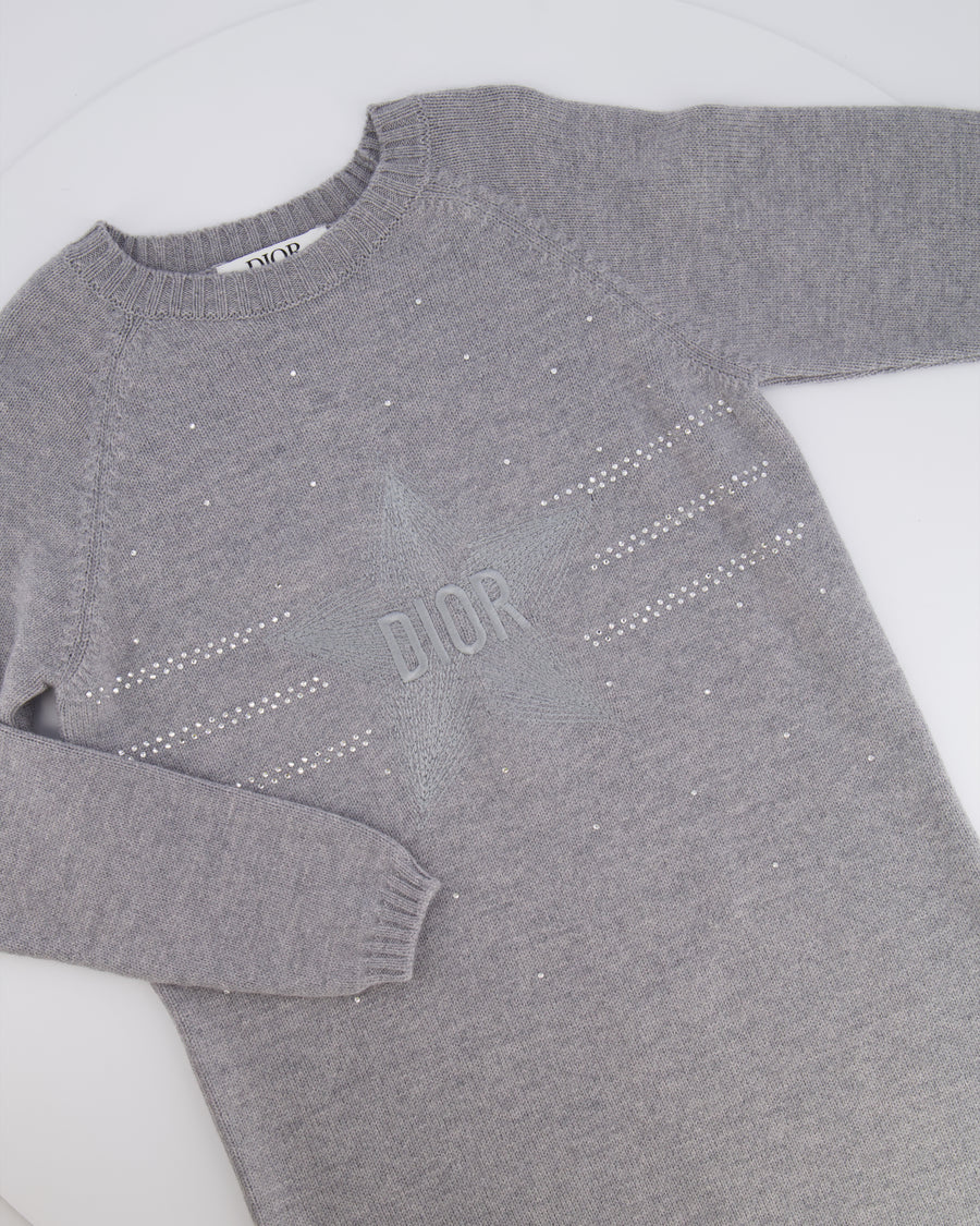 Christian Dior Kids Grey Knit Long-Sleeve Dress with Crystal Embellishments and Embroidered Logo Size 10 years RRP £800