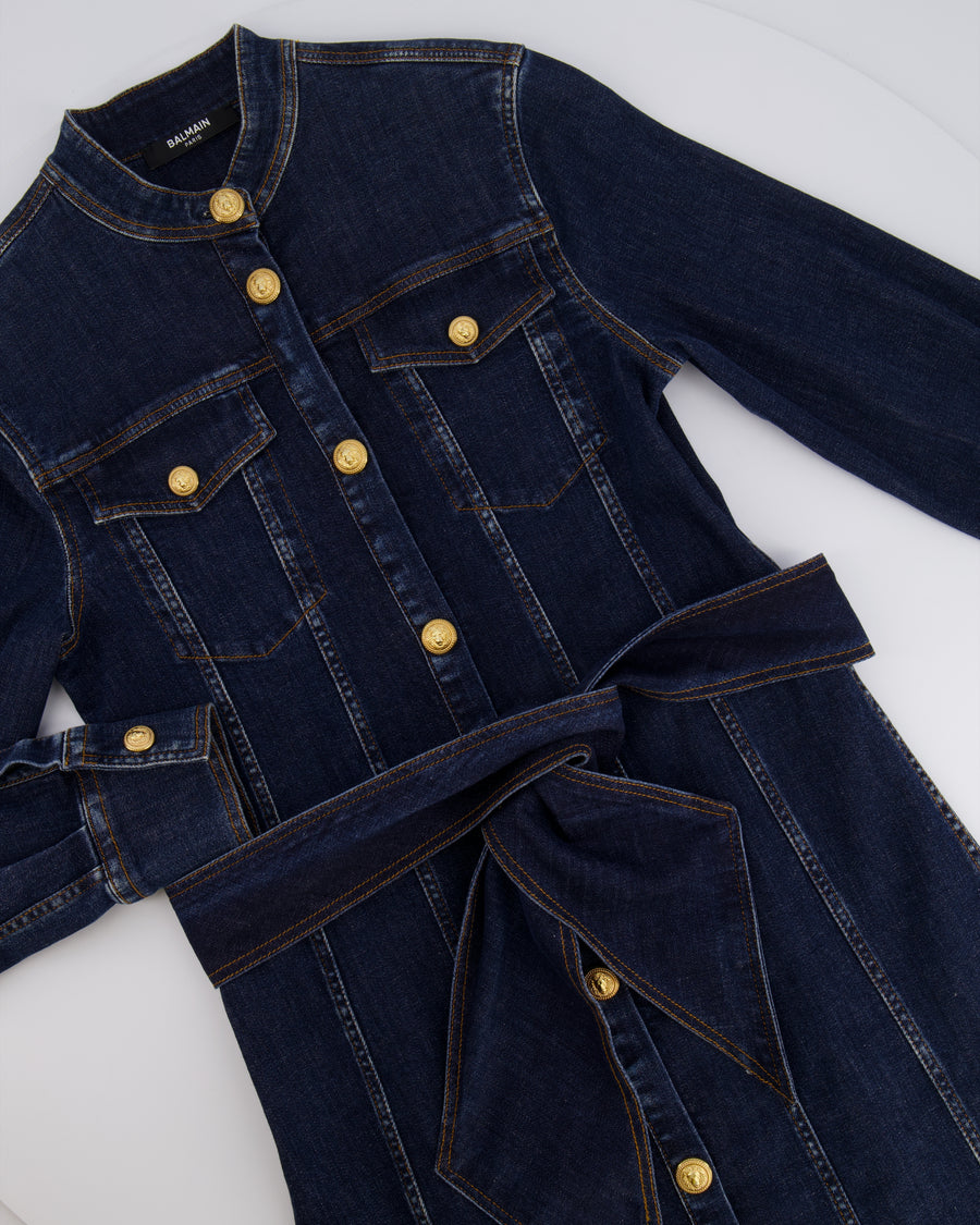 Balmain Kids Dark Blue Denim Dress with Belt and Gold Buttons Size 8 years RRP £550