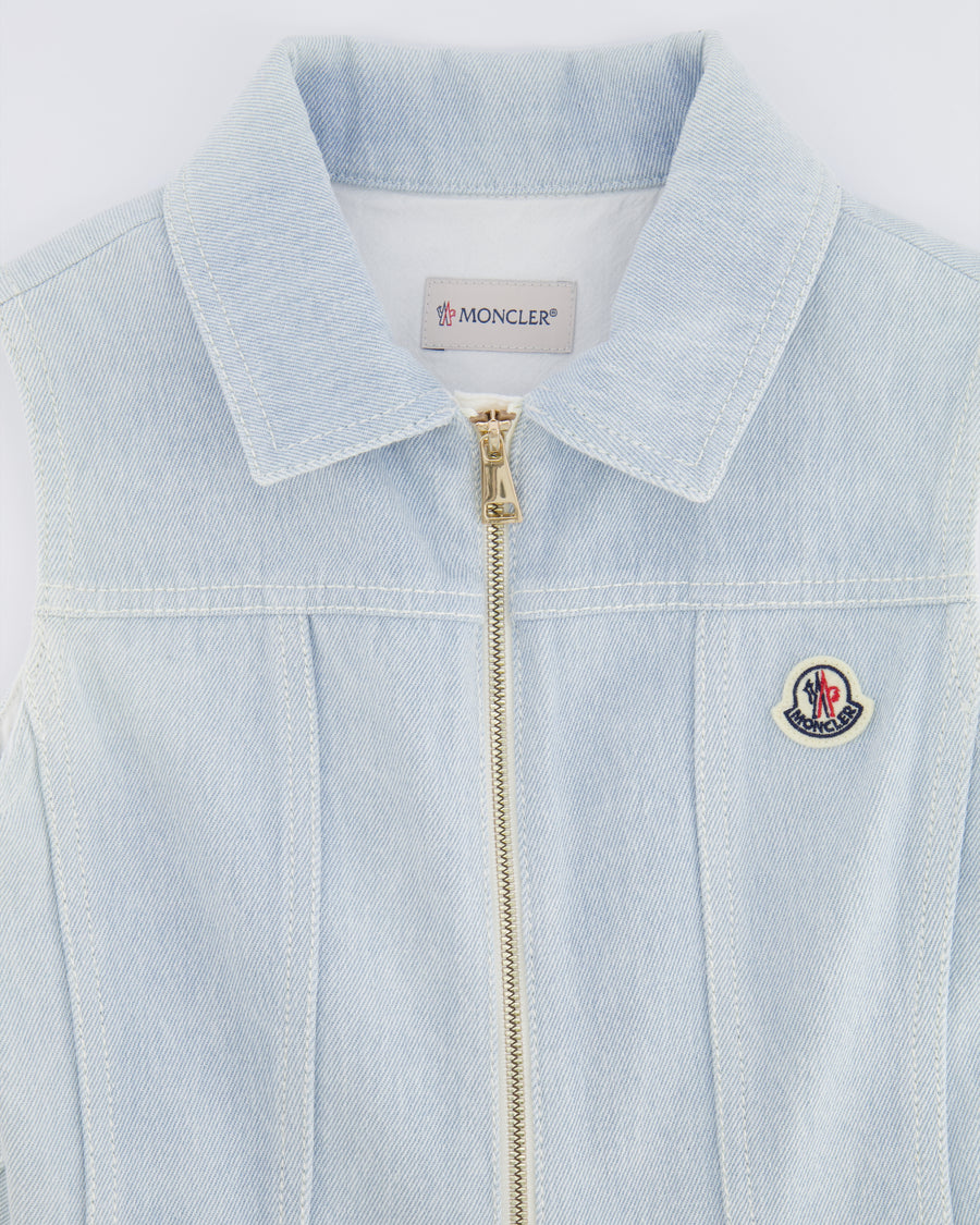 Moncler Kids Light Blue Denim Mini Dress with Logo and Zip Detailing Size 10 years