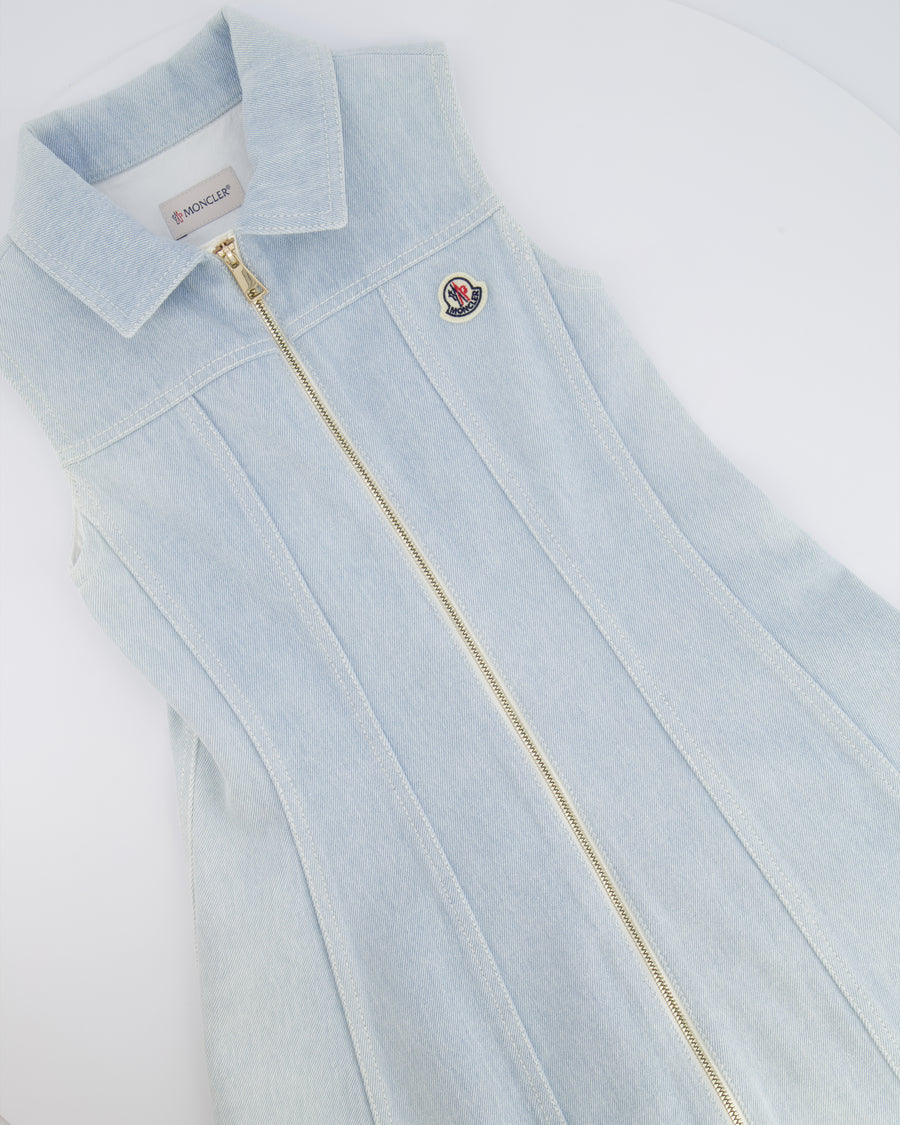 Moncler Kids Light Blue Denim Mini Dress with Logo and Zip Detailing Size 10 years
